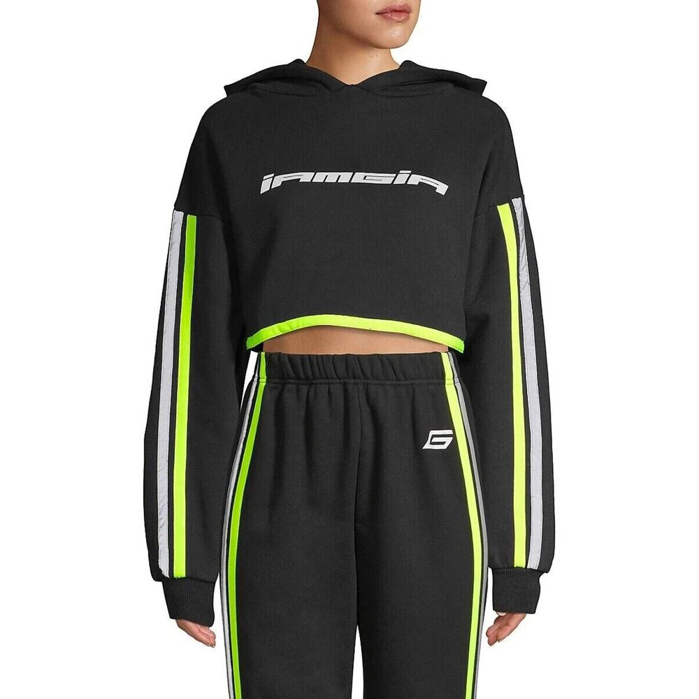 I.Am.Gia Women's Mercury Striped Cropped‎ Hoodie in Black Neon Graphic Size XS
